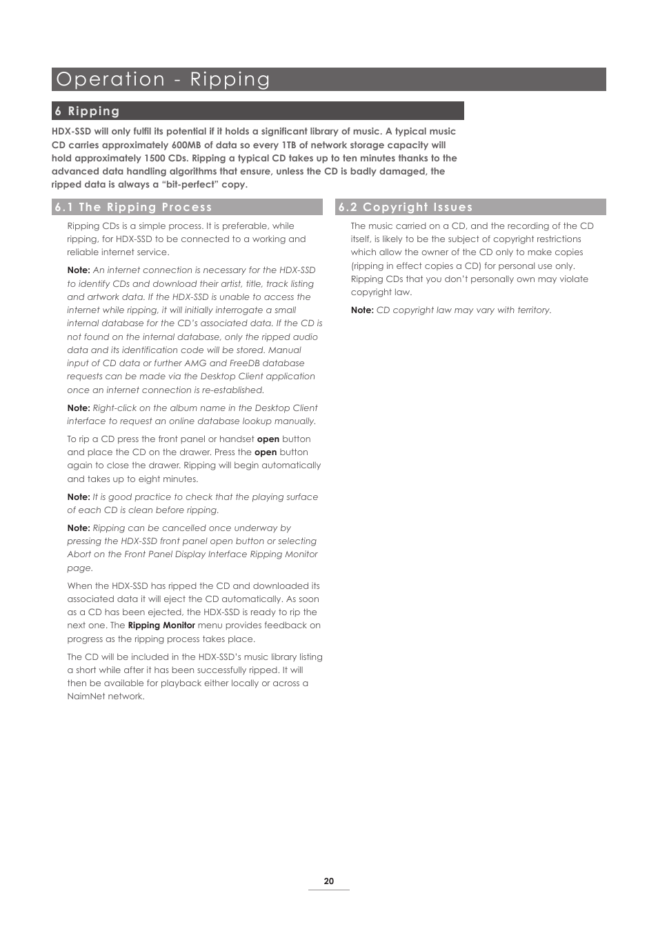 6 ripping, 1 the ripping process, 2 copyright issues | Operation - ripping | Naim Audio HDX User Manual | Page 22 / 30