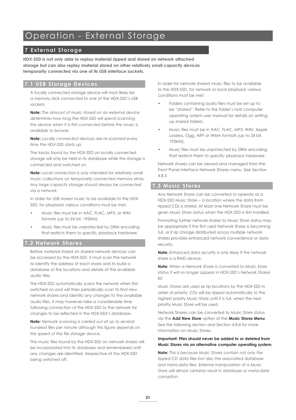 7 external storage, 1 usb storage devices, 2 network shares | 3 music stores, Operation - exter nal storage | Naim Audio HDX User Manual | Page 23 / 30