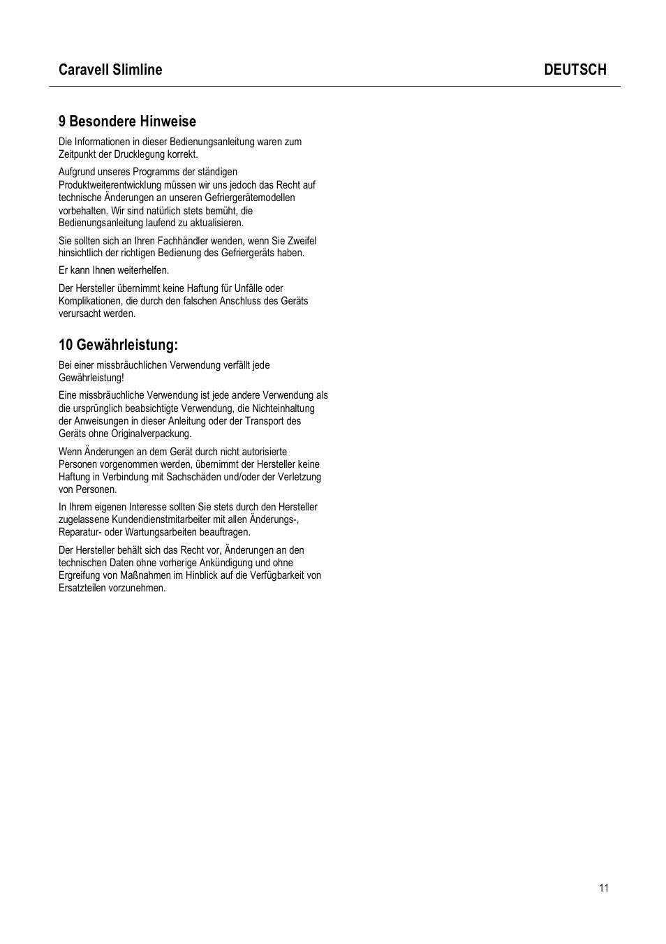 Caravell slimline deutsch, 9 besondere hinweise, 10 gewährleistung | Caravell Slimline SLC 168 User Manual | Page 11 / 35