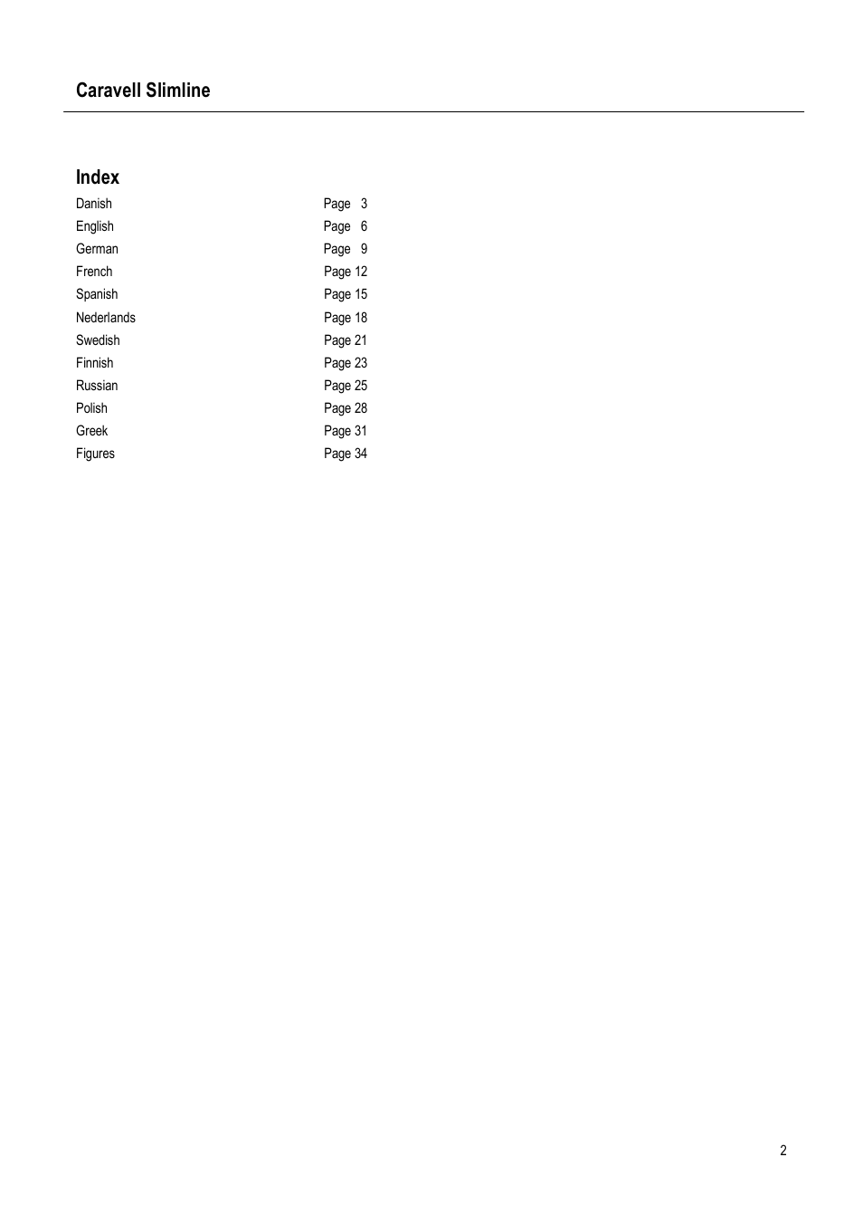 Caravell slimline, Index | Caravell Slimline SLC 168 User Manual | Page 2 / 35