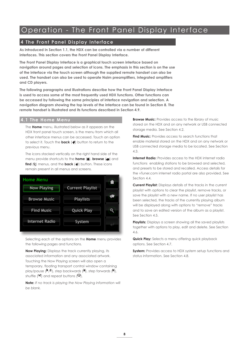 4 the front panel display interface, 1 the home menu, Operation - the front panel display inter face | Home menu | Naim Audio HDX User Manual | Page 10 / 32