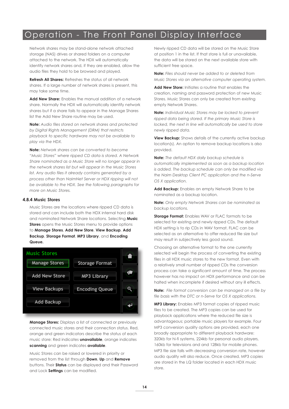 Operation - the front panel display inter face, Music stores | Naim Audio HDX User Manual | Page 16 / 32