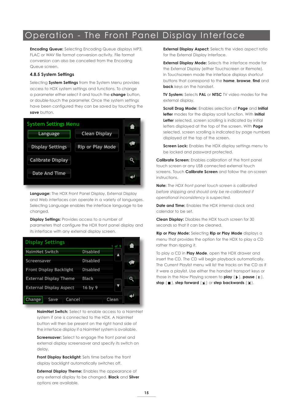 Operation - the front panel display inter face, System settings menu | Naim Audio HDX User Manual | Page 17 / 32