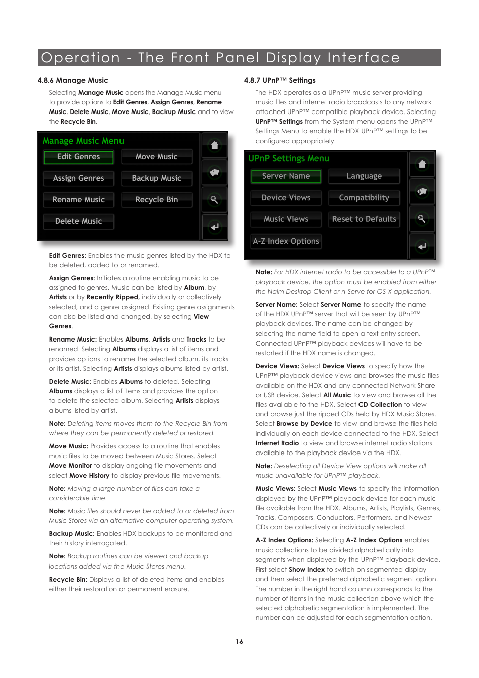 Operation - the front panel display inter face, Manage music menu | Naim Audio HDX User Manual | Page 18 / 32