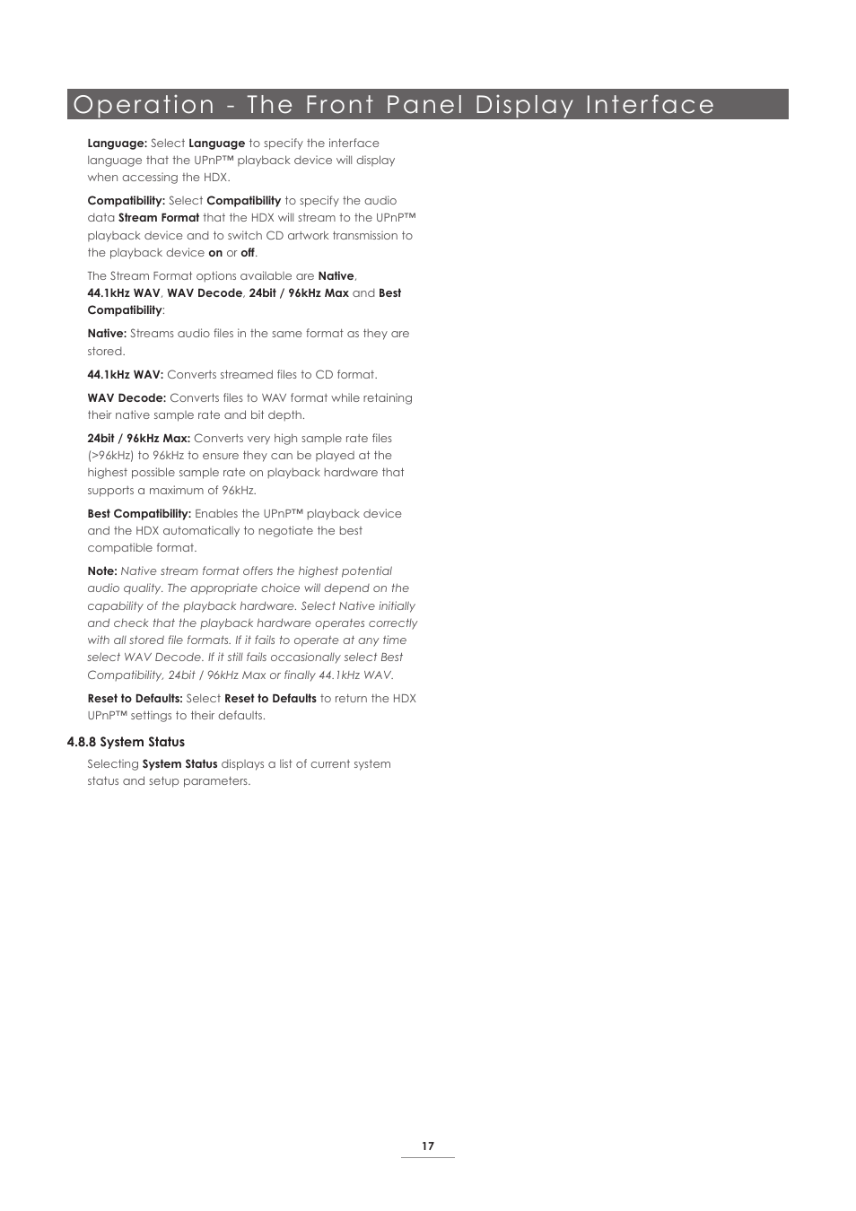 Operation - the front panel display inter face | Naim Audio HDX User Manual | Page 19 / 32