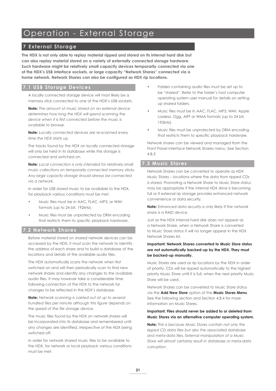 7 external storage, 1 usb storage devices, 2 network shares | 3 music stores, Operation - exter nal storage | Naim Audio HDX User Manual | Page 23 / 32