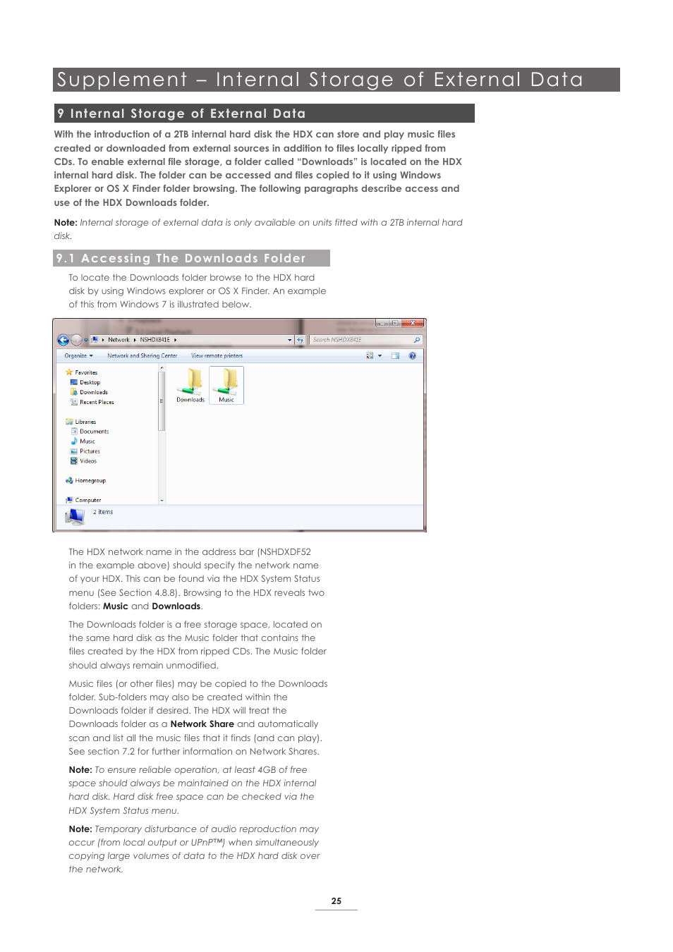 9 internal storage of external data, 1 accessing the downloads folder, Supplement – inter nal storage of exter nal data | Naim Audio HDX User Manual | Page 27 / 32