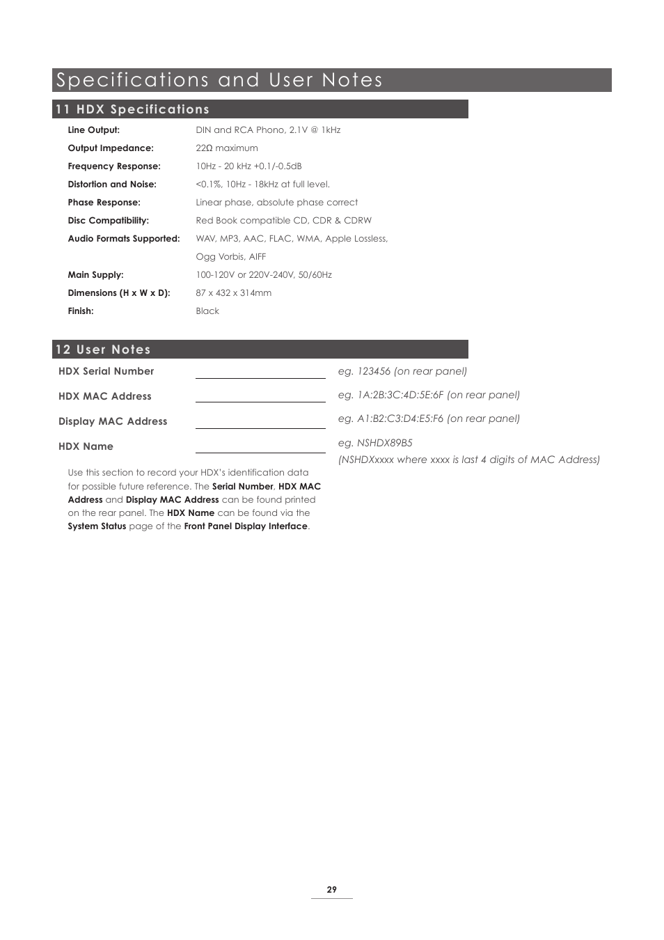 11 hdx specifications, 12 user notes | Naim Audio HDX User Manual | Page 31 / 32