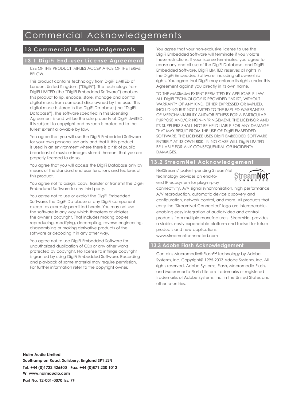 13 commercial acknowledgements, 1 digifi end-user license agreement, 2 streamnet acknowledgement | 3 adobe flash acknowledgement, Commercial acknowledgements | Naim Audio HDX User Manual | Page 32 / 32