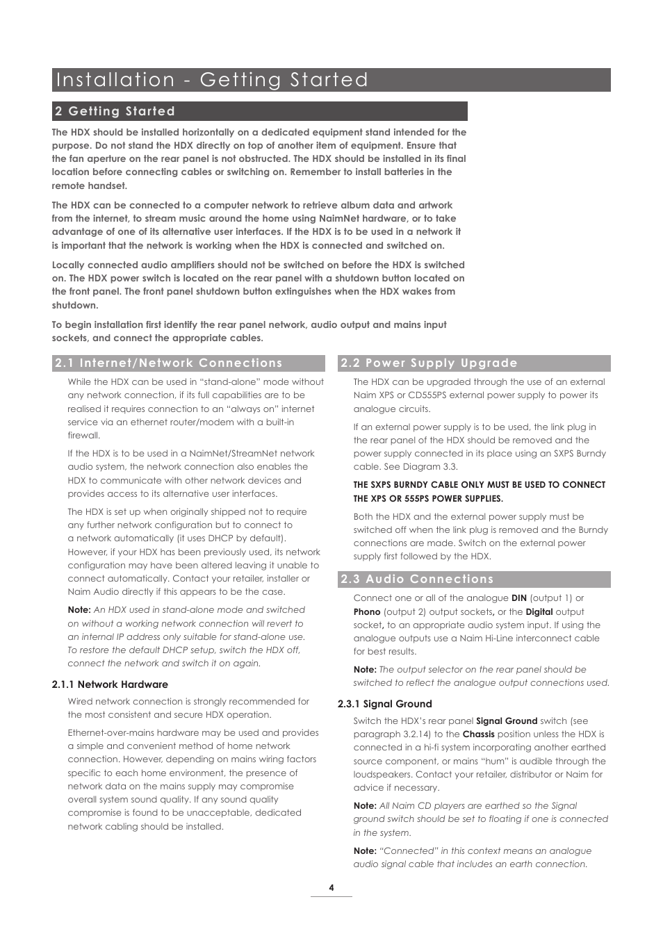 2 getting started, 1 internet/network connections, 2 power supply upgrade | 3 audio connections, Installation - getting started | Naim Audio HDX User Manual | Page 6 / 32