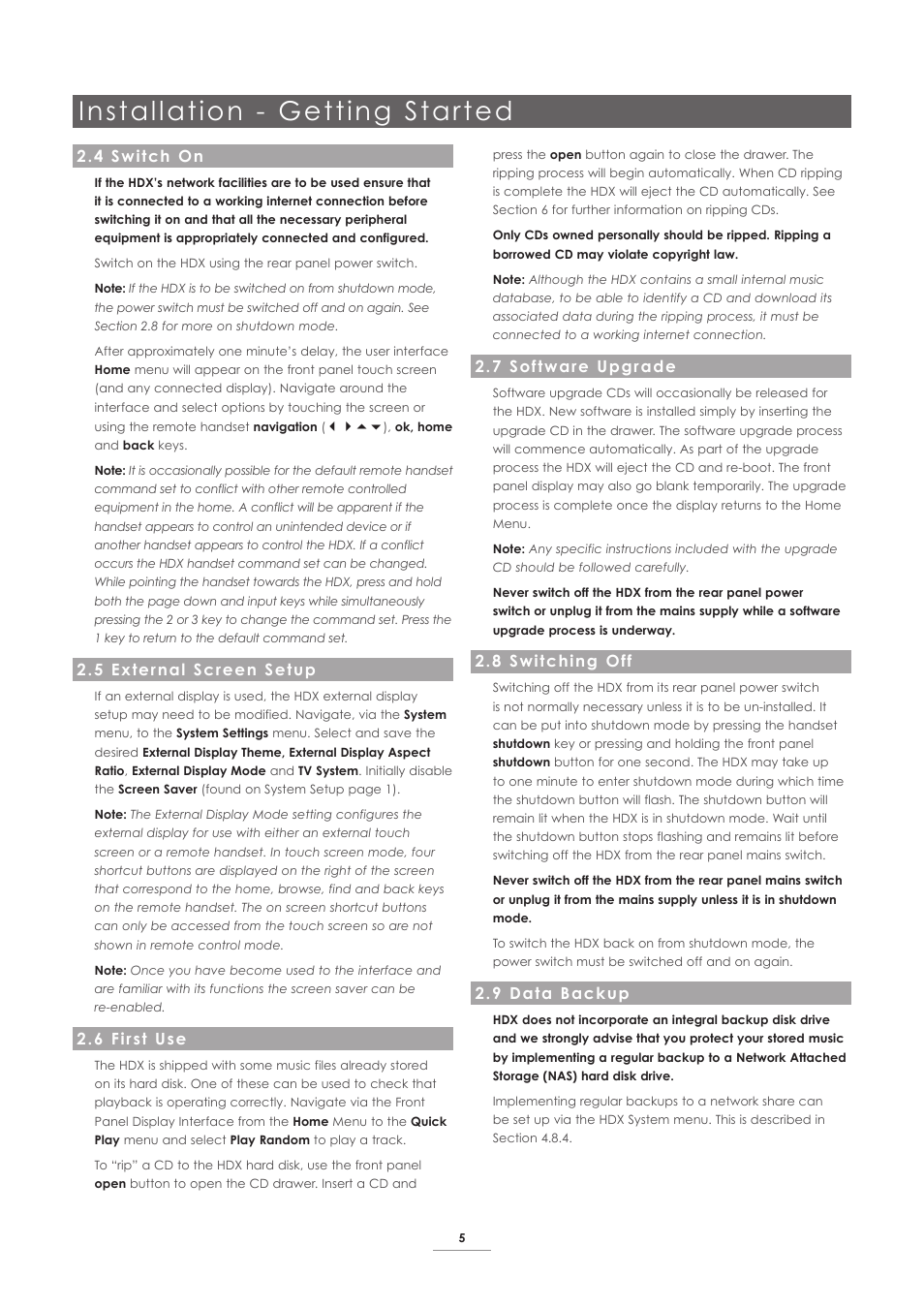 4 switch on, 5 external screen setup, 6 first use | 7 software upgrade, 8 switching off, 9 data backup, Installation - getting started | Naim Audio HDX User Manual | Page 7 / 32