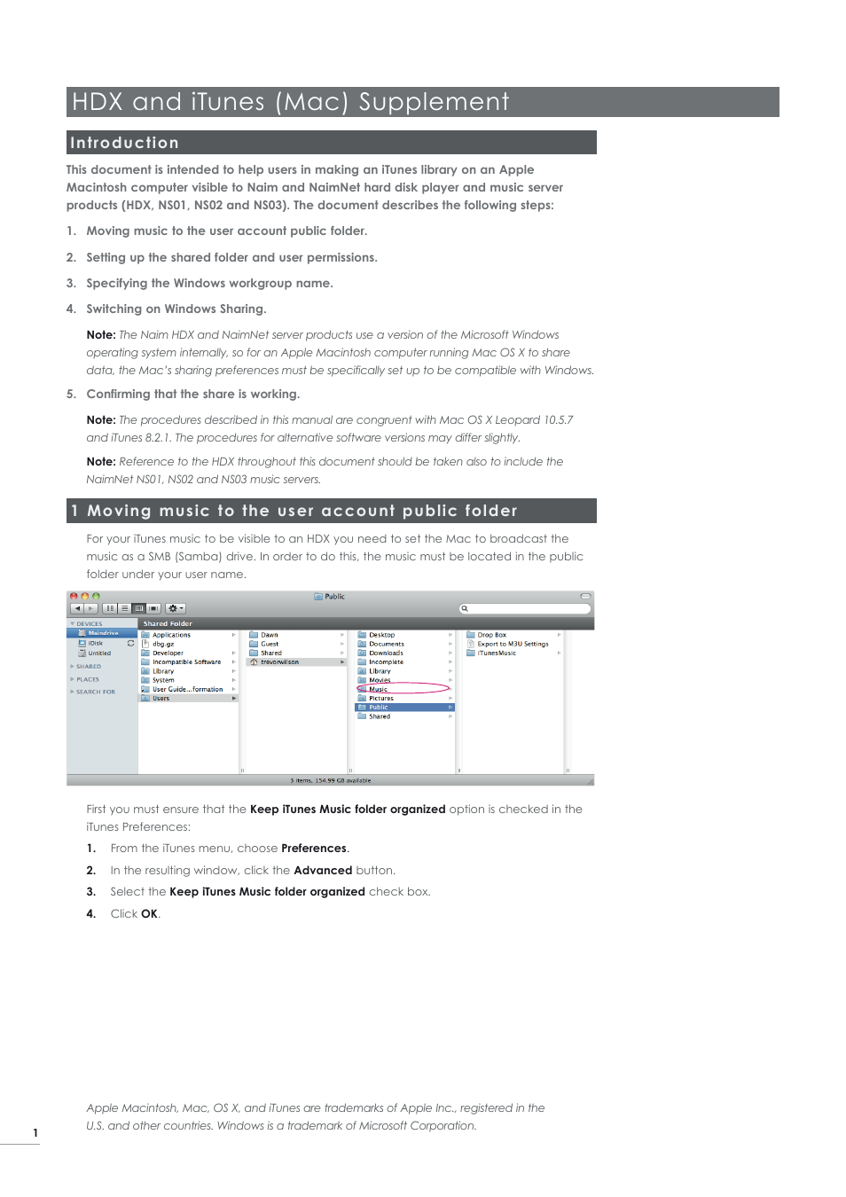 Hdx and itunes (mac) supplement, Introduction, 1 moving music to the user account public folder | Naim Audio HDX User Manual | Page 2 / 8