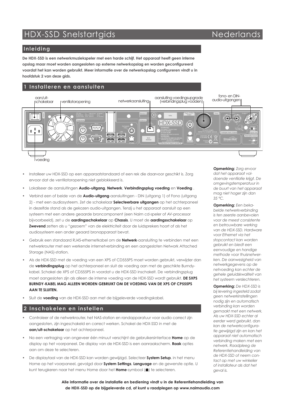 Hdx-ssd snelstartgids nederlands, Inleiding, 1 installeren en aansluiten | 2 inschakelen en instellen | Naim Audio HDX User Manual | Page 12 / 16