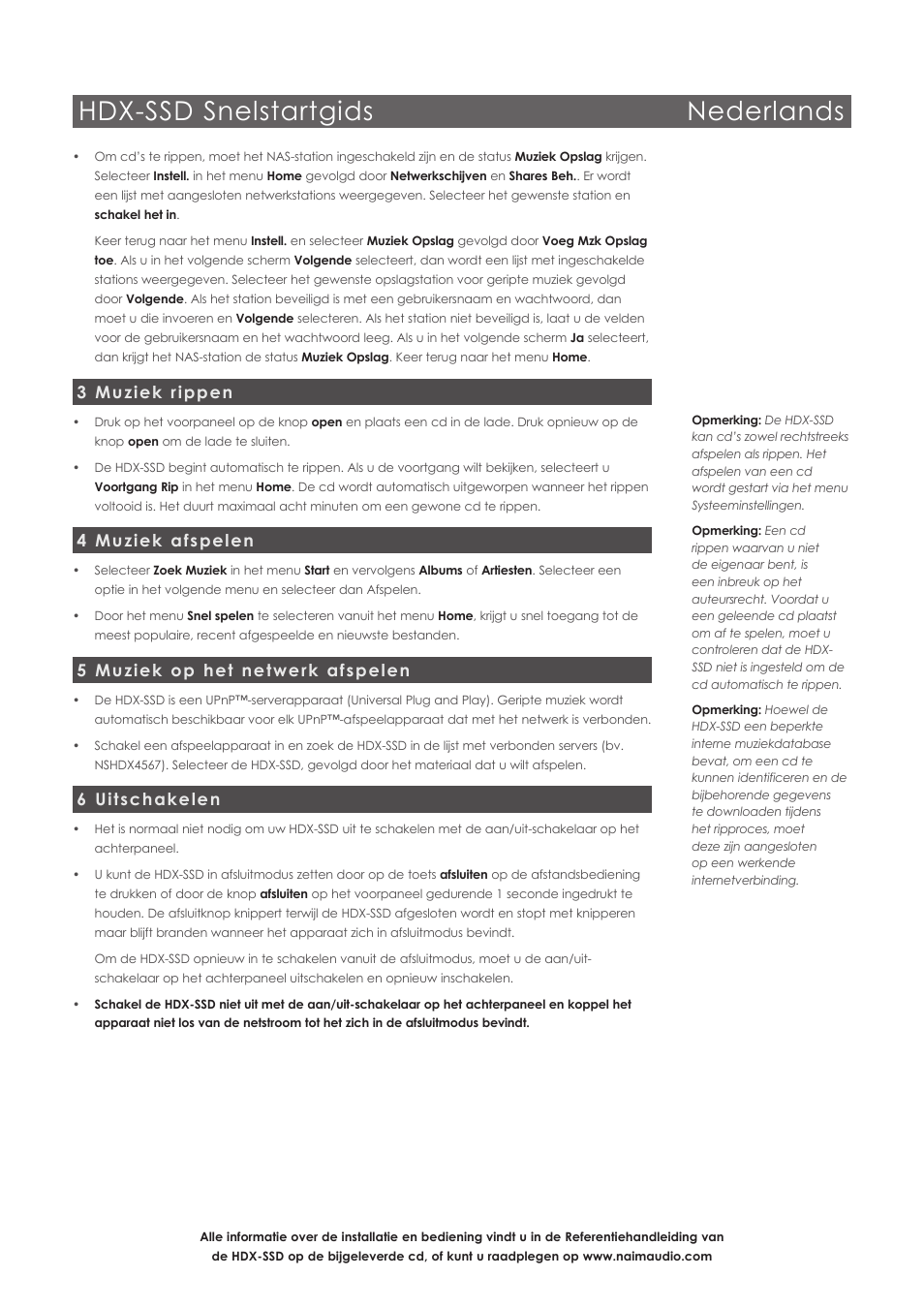 Hdx-ssd snelstartgids nederlands, 3 muziek rippen, 4 muziek afspelen | 5 muziek op het netwerk afspelen, 6 uitschakelen | Naim Audio HDX User Manual | Page 13 / 16