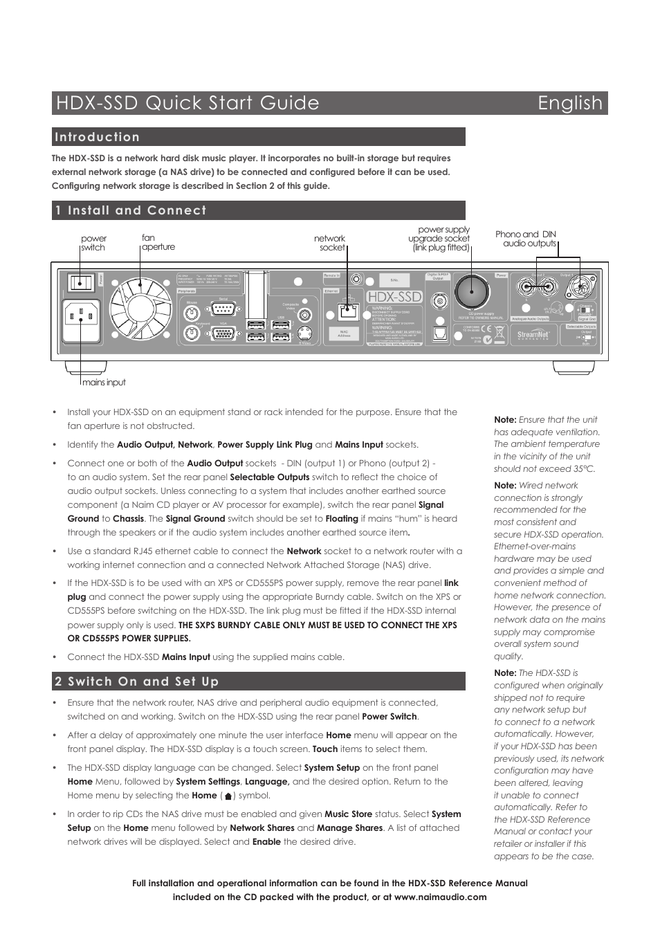 Hdx-ssd quick start guide english, Introduction, 1 install and connect | 2 switch on and set up | Naim Audio HDX User Manual | Page 2 / 16