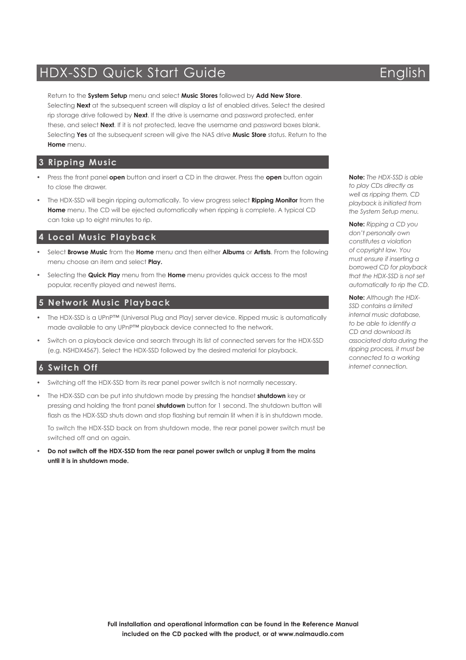 Hdx-ssd quick start guide english, 3 ripping music, 4 local music playback | 5 network music playback, 6 switch off | Naim Audio HDX User Manual | Page 3 / 16