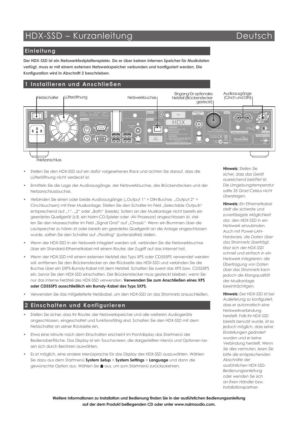 Hdx-ssd – kurzanleitung deutsch, Einleitung, 1 installieren und anschließen | 2 einschalten und konfigurieren | Naim Audio HDX User Manual | Page 4 / 16