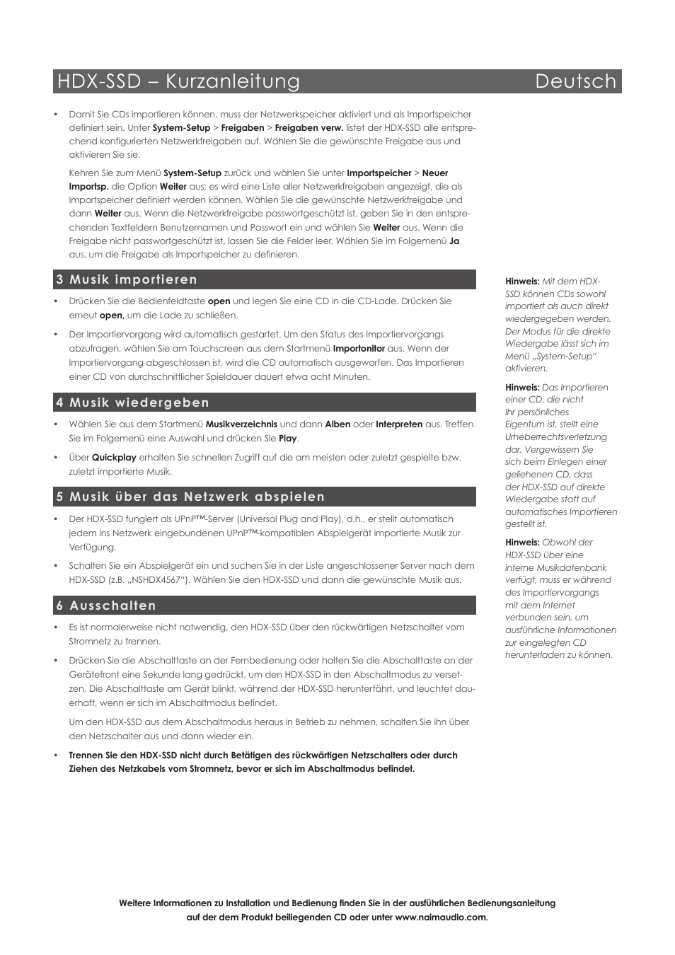 Hdx-ssd – kurzanleitung deutsch, 3 musik importieren, 4 musik wiedergeben | 5 musik über das netzwerk abspielen, 6 ausschalten | Naim Audio HDX User Manual | Page 5 / 16