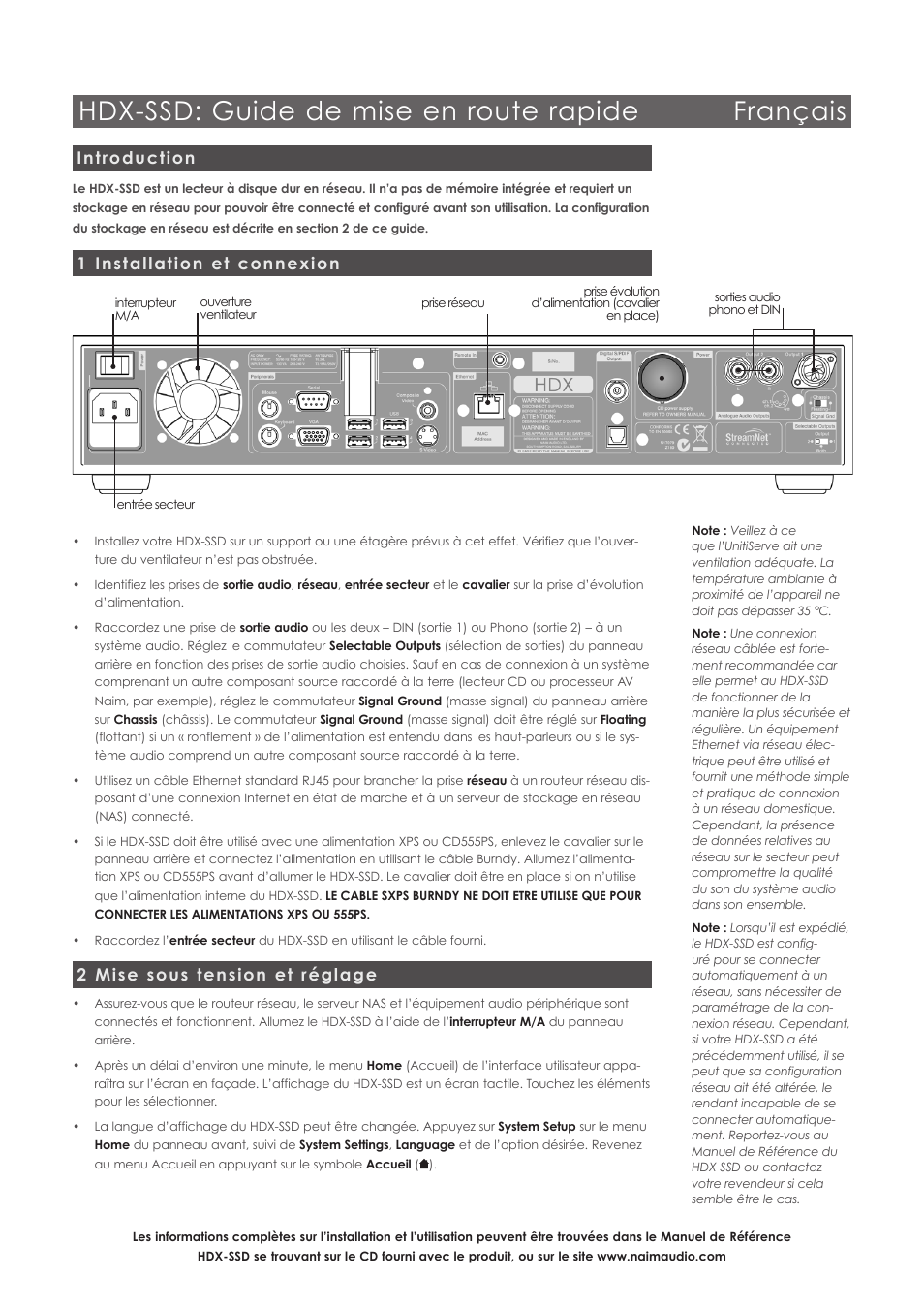 Hdx-ssd: guide de mise en route rapide français, Introduction, 1 installation et connexion | 2 mise sous tension et réglage | Naim Audio HDX User Manual | Page 6 / 16