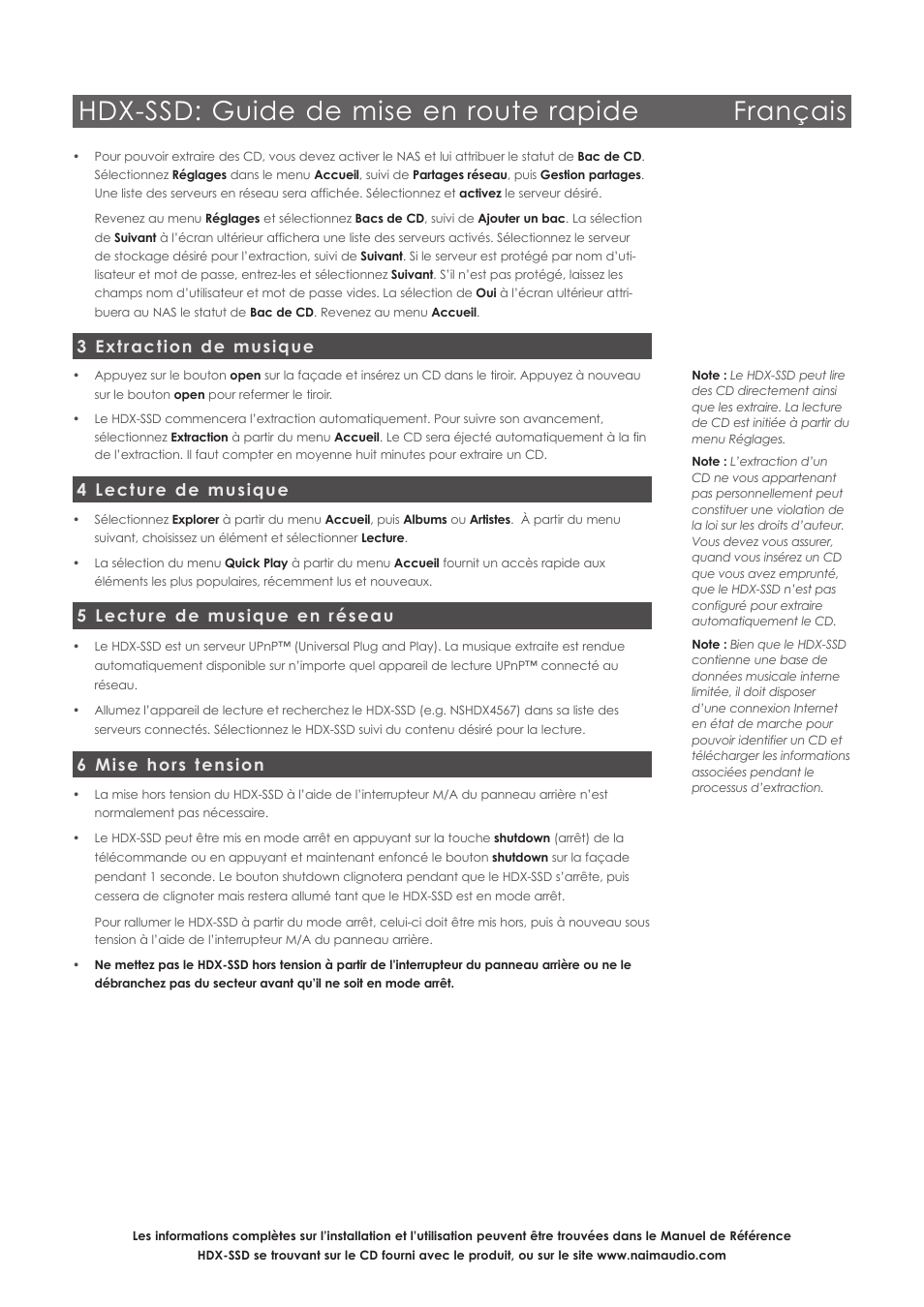 Hdx-ssd: guide de mise en route rapide français, 3 extraction de musique, 4 lecture de musique | 5 lecture de musique en réseau, 6 mise hors tension | Naim Audio HDX User Manual | Page 7 / 16