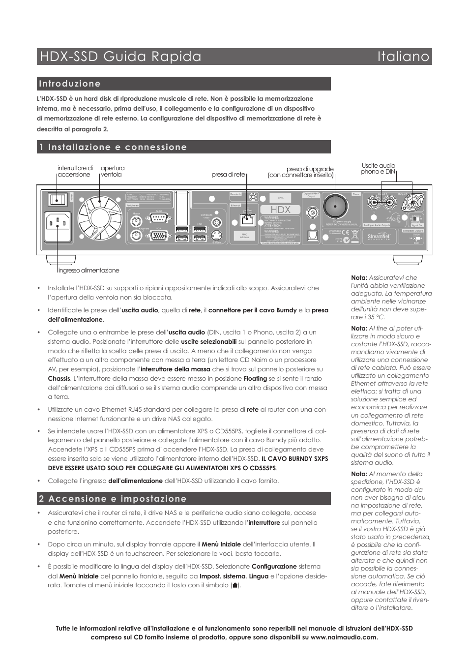 Hdx-ssd guida rapida italiano, Introduzione, 1 installazione e connessione | 2 accensione e impostazione | Naim Audio HDX User Manual | Page 8 / 16
