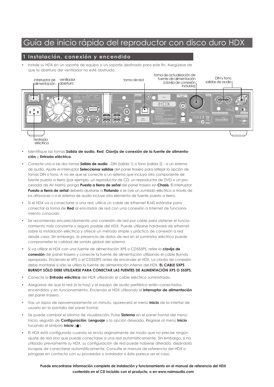 1 instalación, conexión y encendido | Naim Audio HDX User Manual | Page 10 / 12