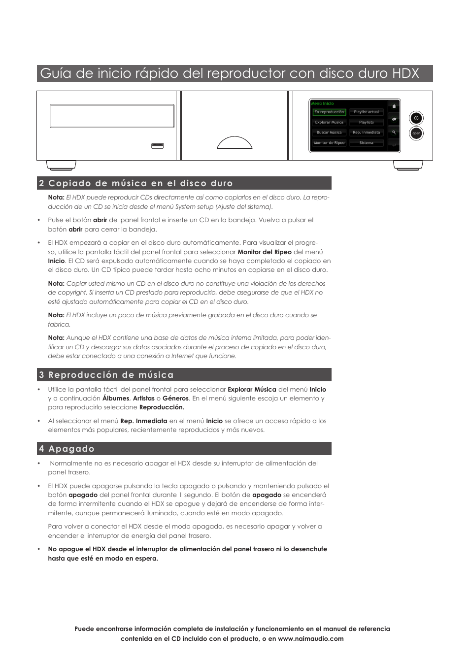 2 copiado de música en el disco duro, 3 reproducción de música, 4 apagado | Naim Audio HDX User Manual | Page 11 / 12