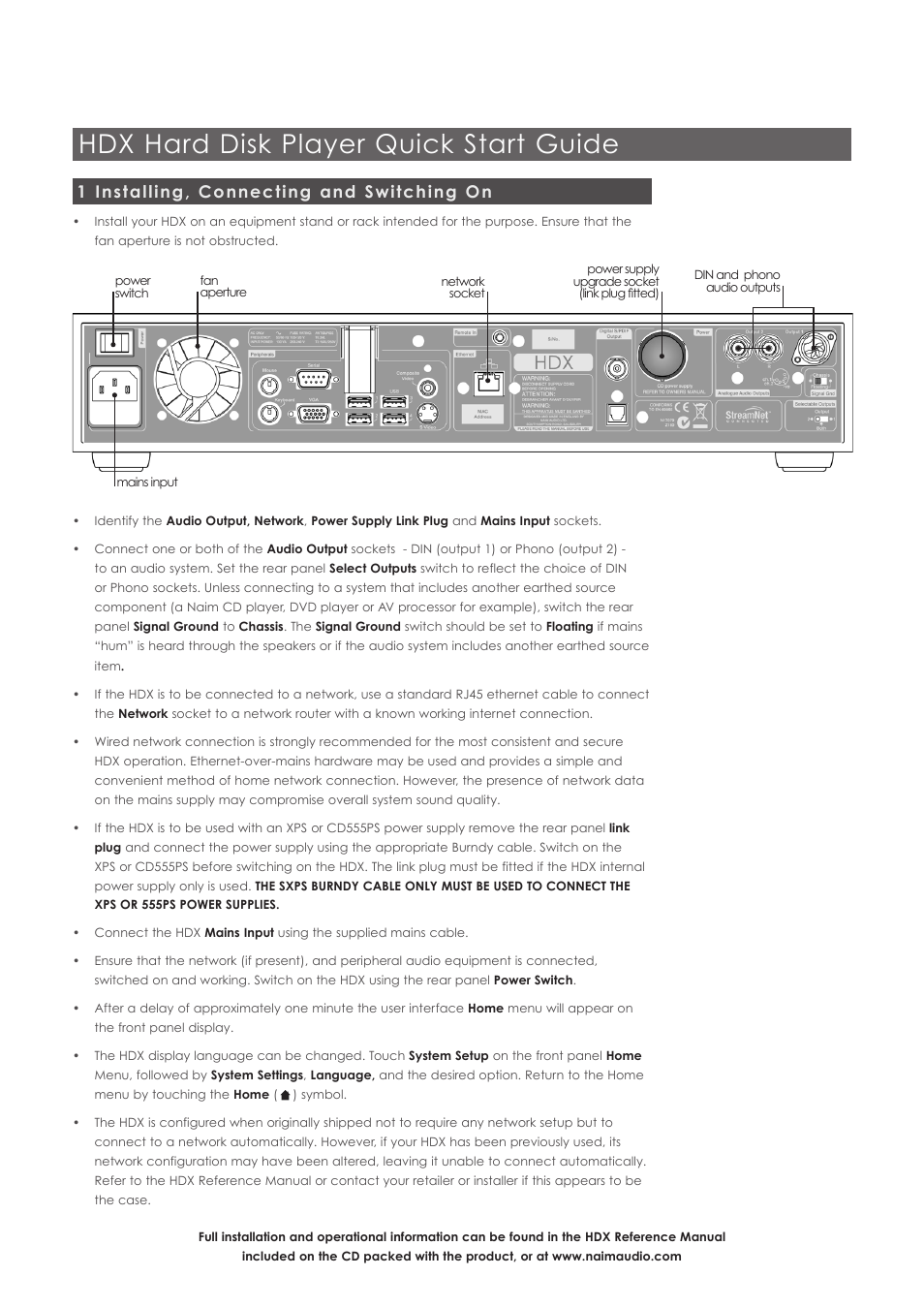 Hdx hard disk player quick start guide, 1 installing, connecting and switching on | Naim Audio HDX User Manual | Page 2 / 12