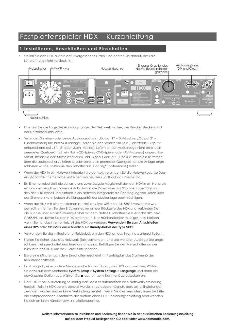 Festplattenspieler hdx – kurzanleitung, 1 installieren, anschließen und einschalten | Naim Audio HDX User Manual | Page 4 / 12