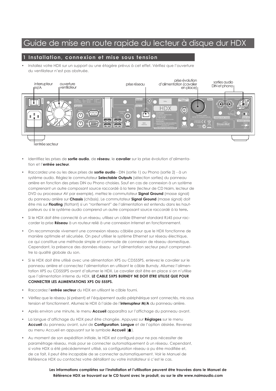 1 installation, connexion et mise sous tension | Naim Audio HDX User Manual | Page 6 / 12