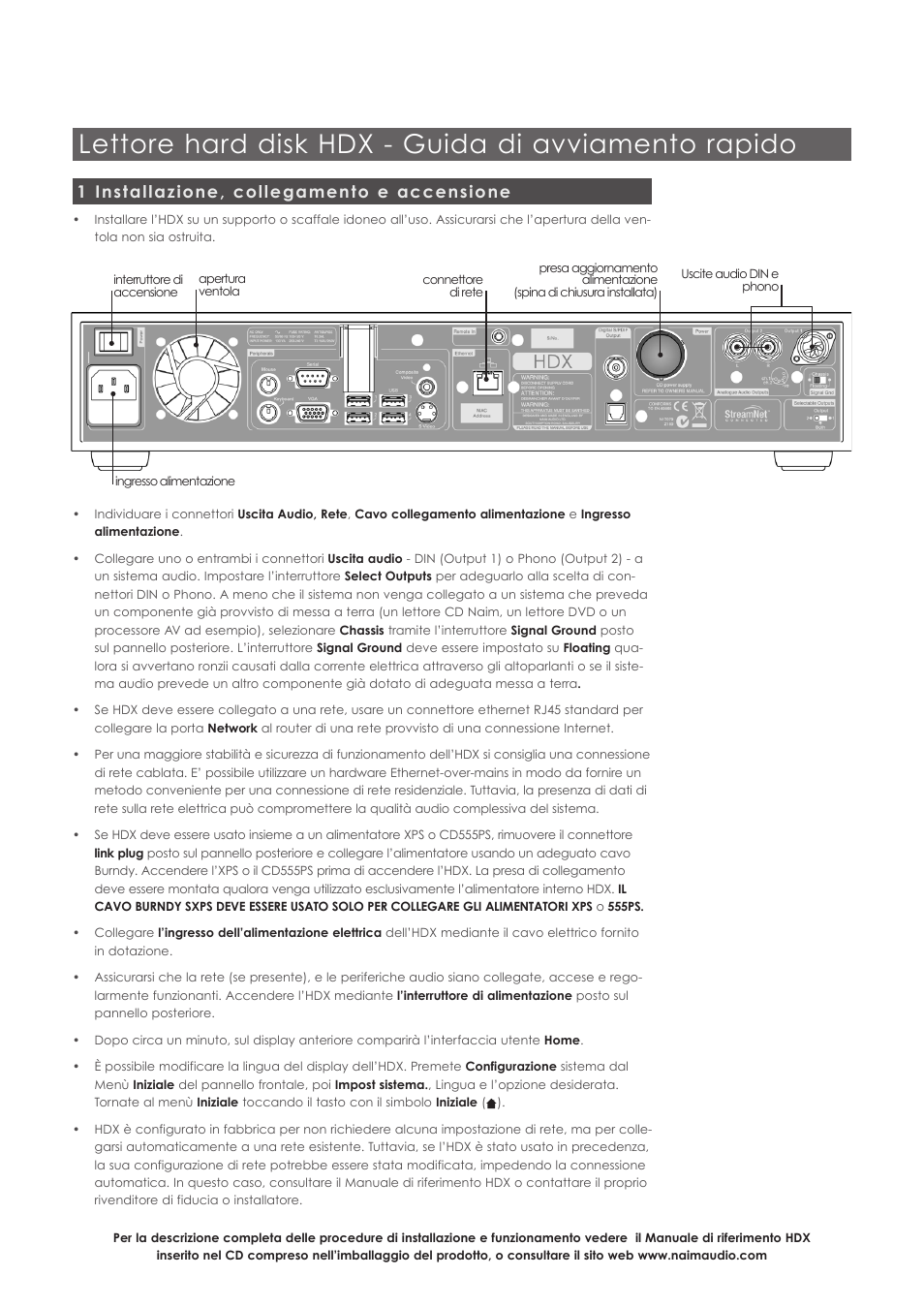 Lettore hard disk hdx - guida di avviamento rapido, 1 installazione, collegamento e accensione | Naim Audio HDX User Manual | Page 8 / 12