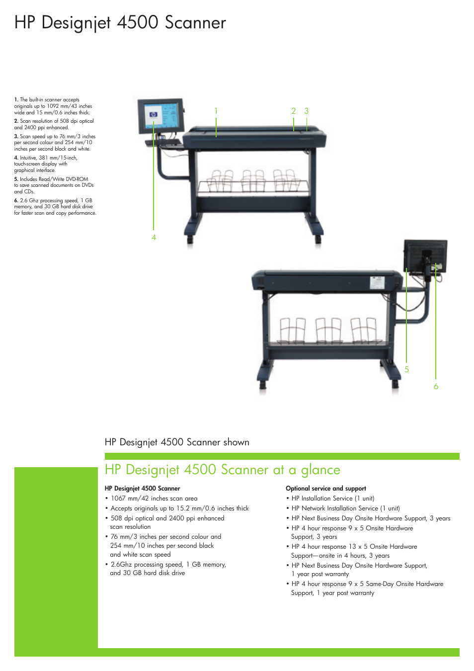 Hp designjet 4500 scanner, Hp designjet 4500 scanner at a glance, Hp designjet 4500 scanner shown | HP Designjet 4500 User Manual | Page 2 / 4