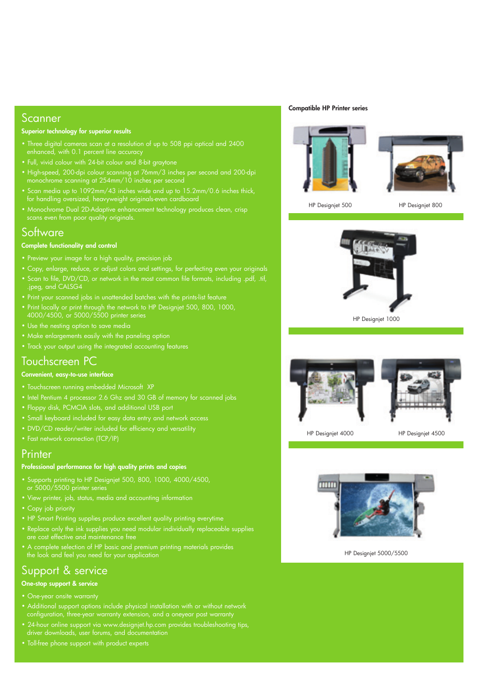 Scanner, Software, Touchscreen pc | Printer, Support & service | HP Designjet 4500 User Manual | Page 3 / 4