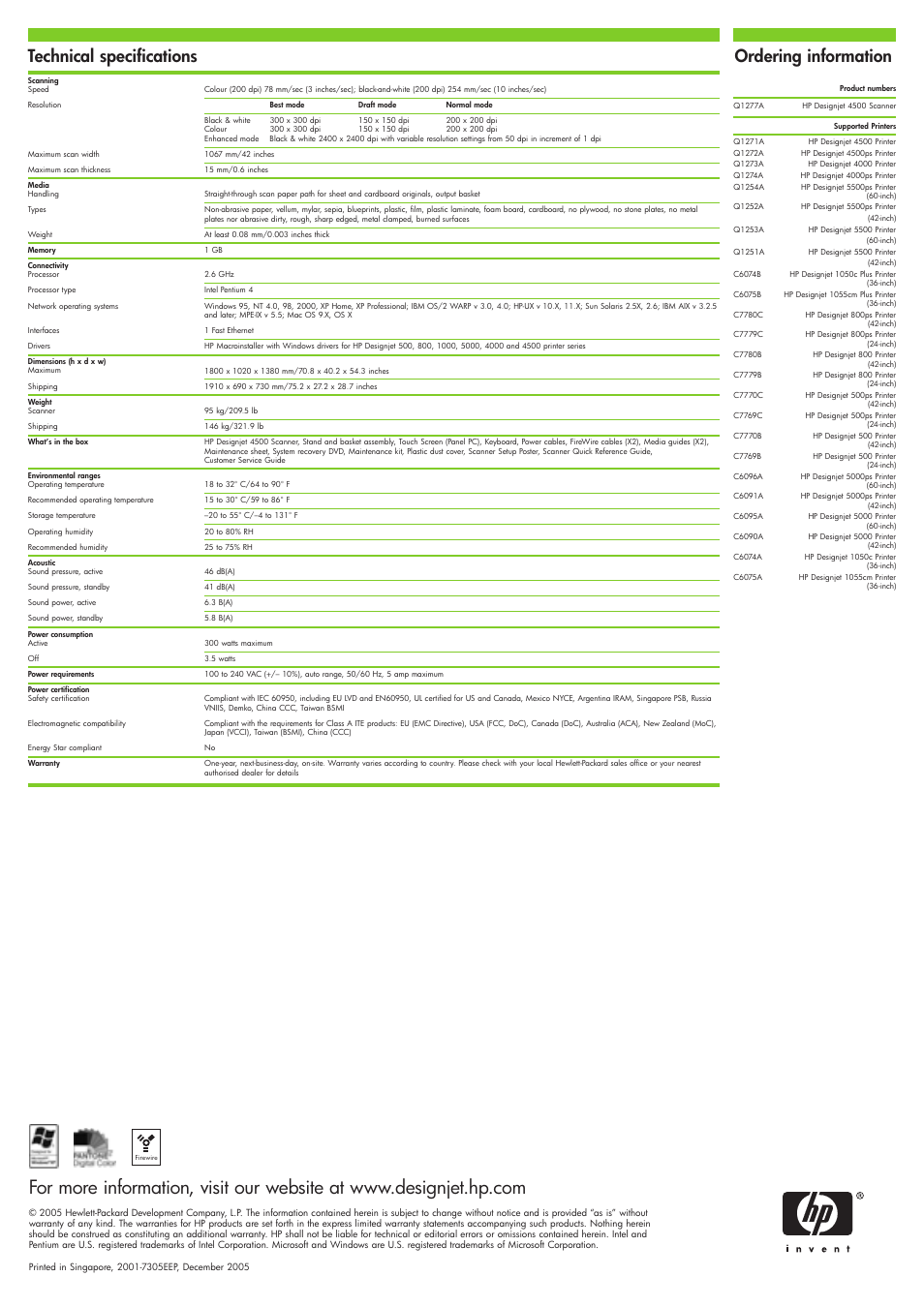 Technical specifications ordering information | HP Designjet 4500 User Manual | Page 4 / 4
