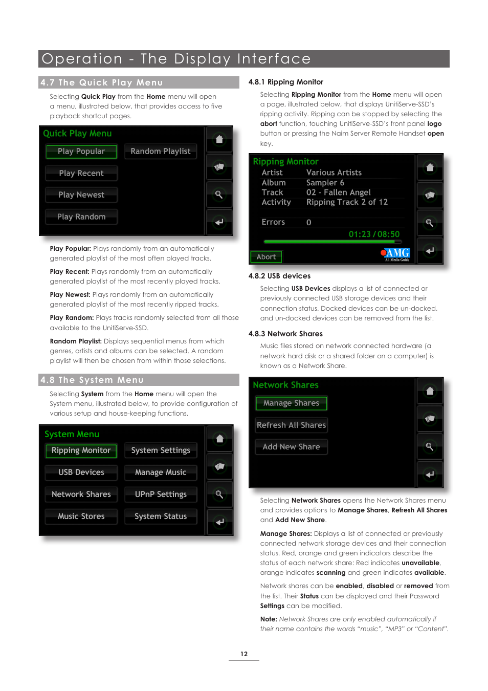 7 the quick play menu, 8 the system menu, Operation - the display inter face | System menu | Naim Audio UnitiServe User Manual | Page 14 / 29