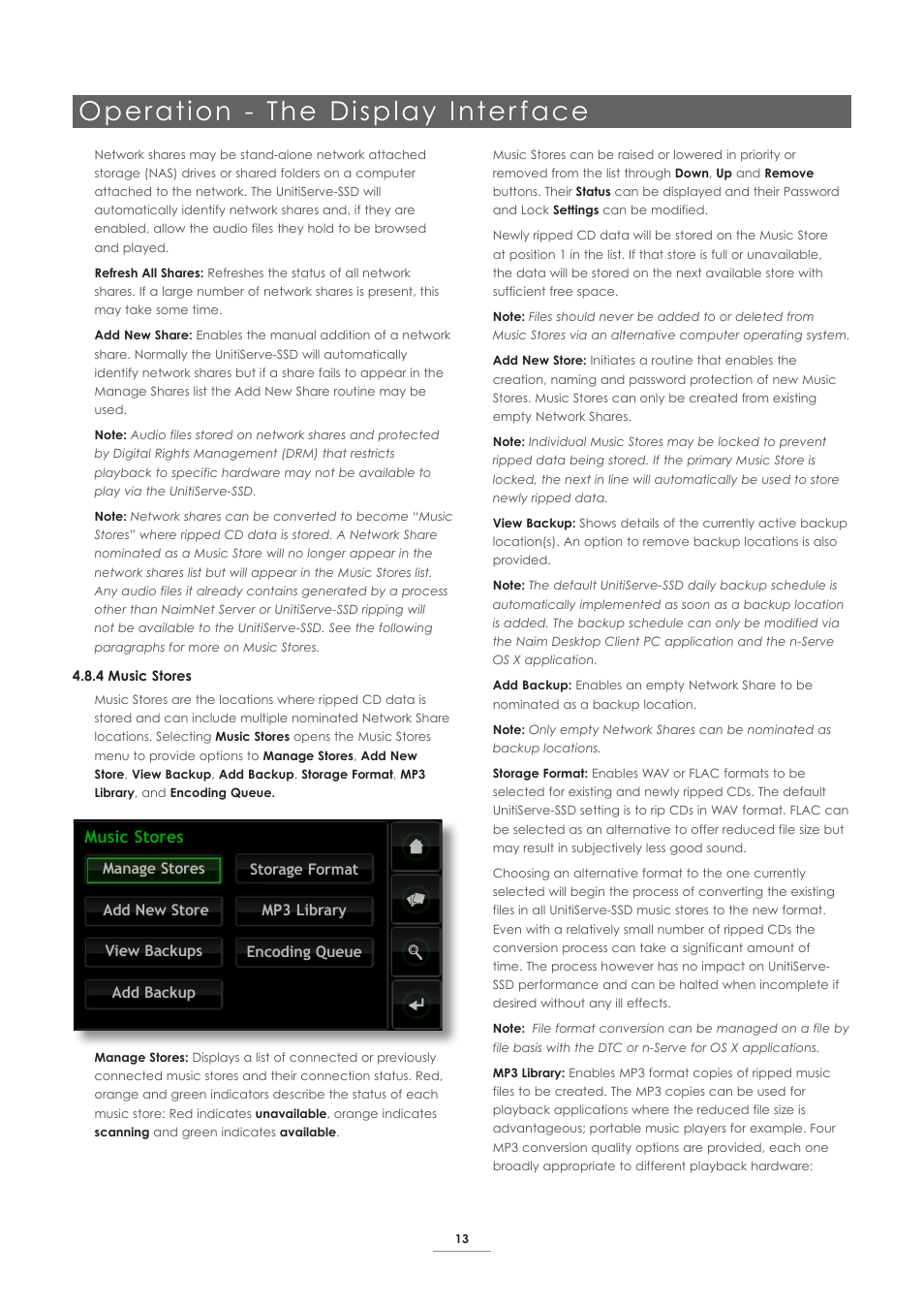 Operation - the display inter face, Music stores | Naim Audio UnitiServe User Manual | Page 15 / 29