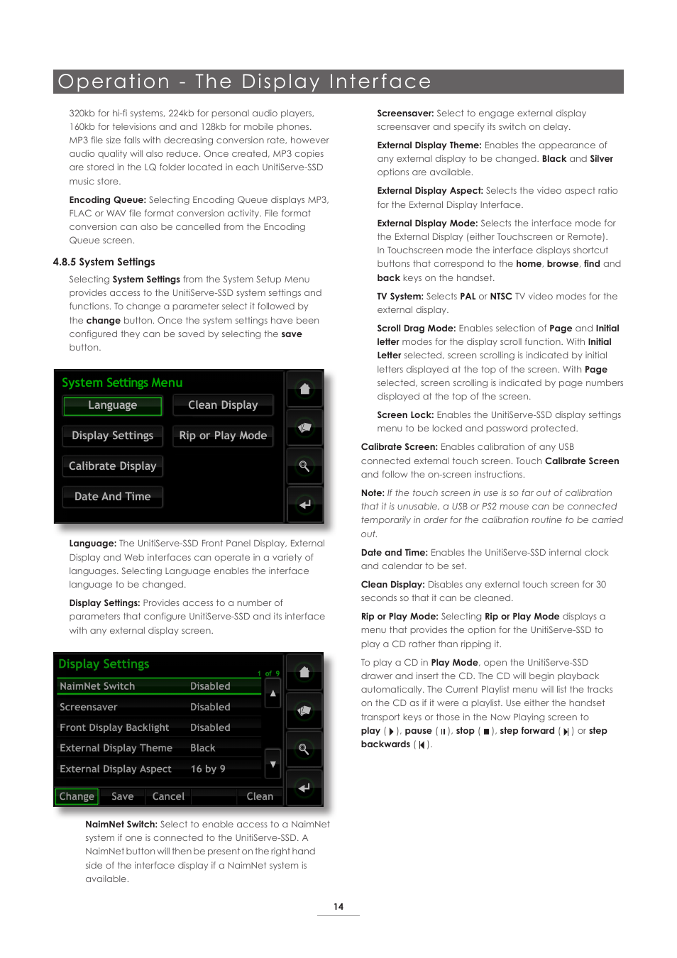 Operation - the display inter face, System settings menu | Naim Audio UnitiServe User Manual | Page 16 / 29