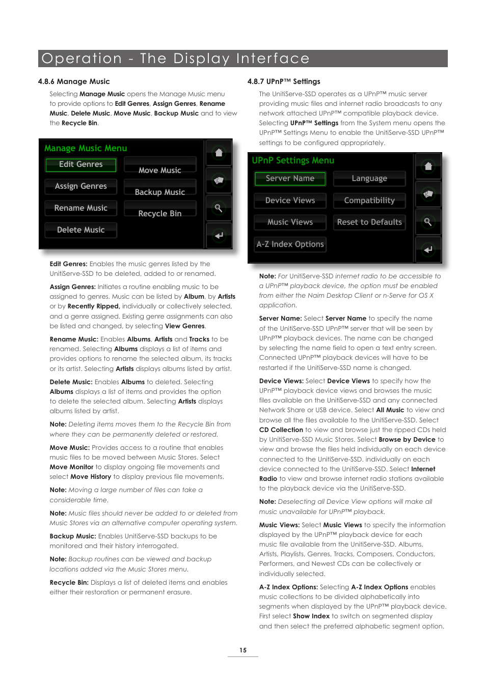 Operation - the display inter face, Manage music menu | Naim Audio UnitiServe User Manual | Page 17 / 29
