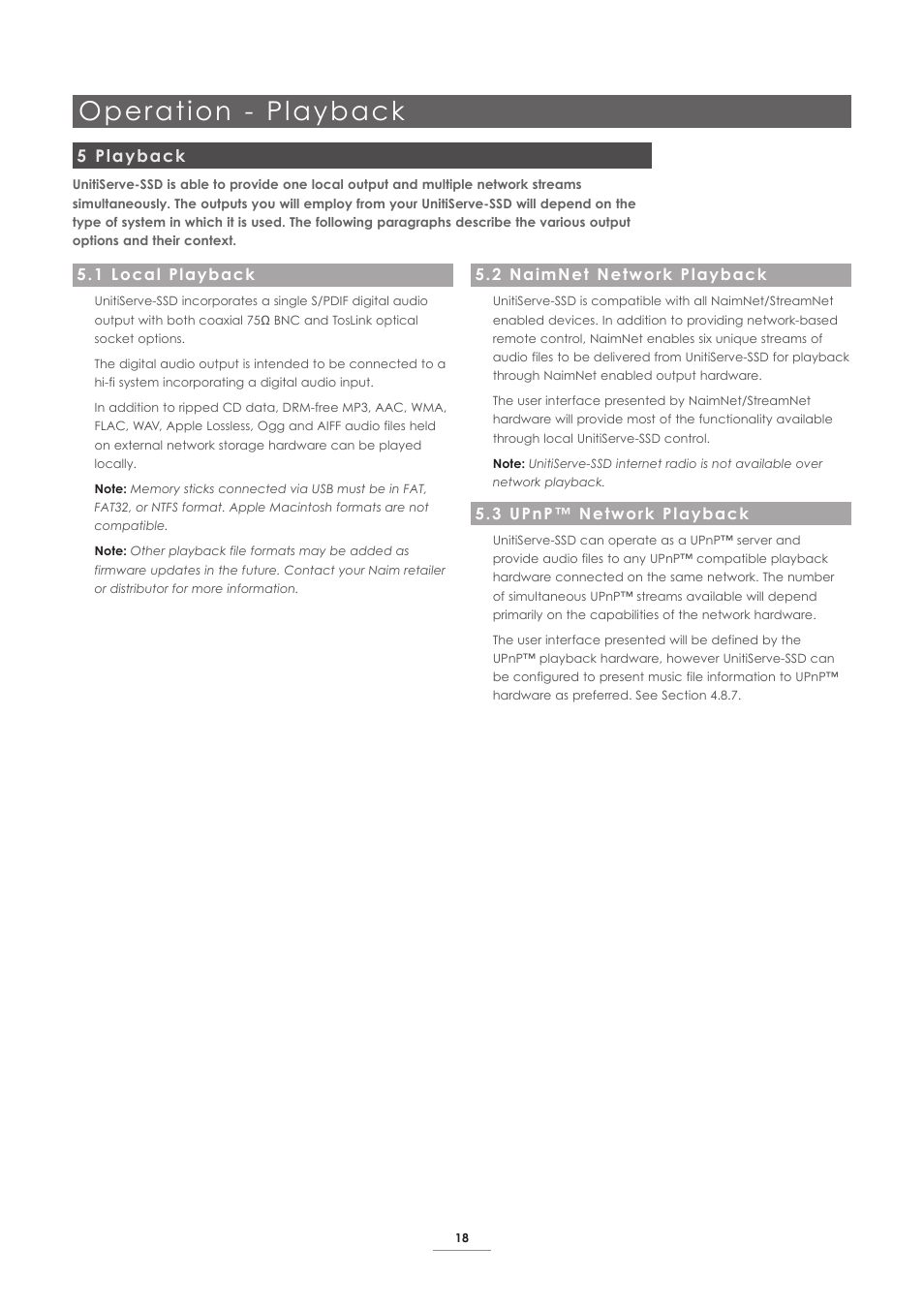 5 playback, 1 local playback, 2 naimnet network playback | 3 upnp™ network playback, Operation - playback | Naim Audio UnitiServe User Manual | Page 20 / 29