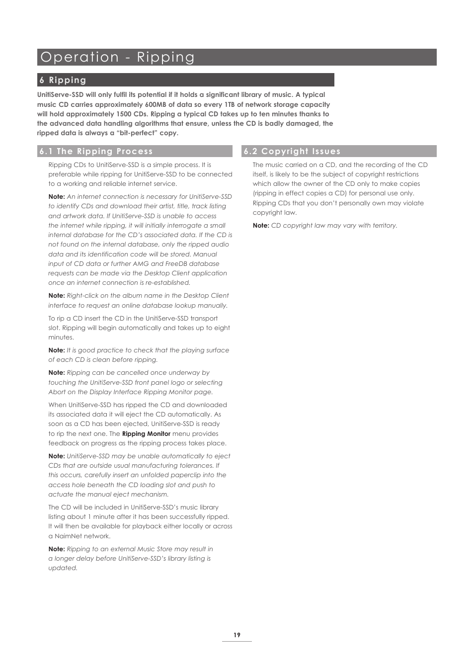6 ripping, 1 the ripping process, 2 copyright issues | Operation - ripping | Naim Audio UnitiServe User Manual | Page 21 / 29