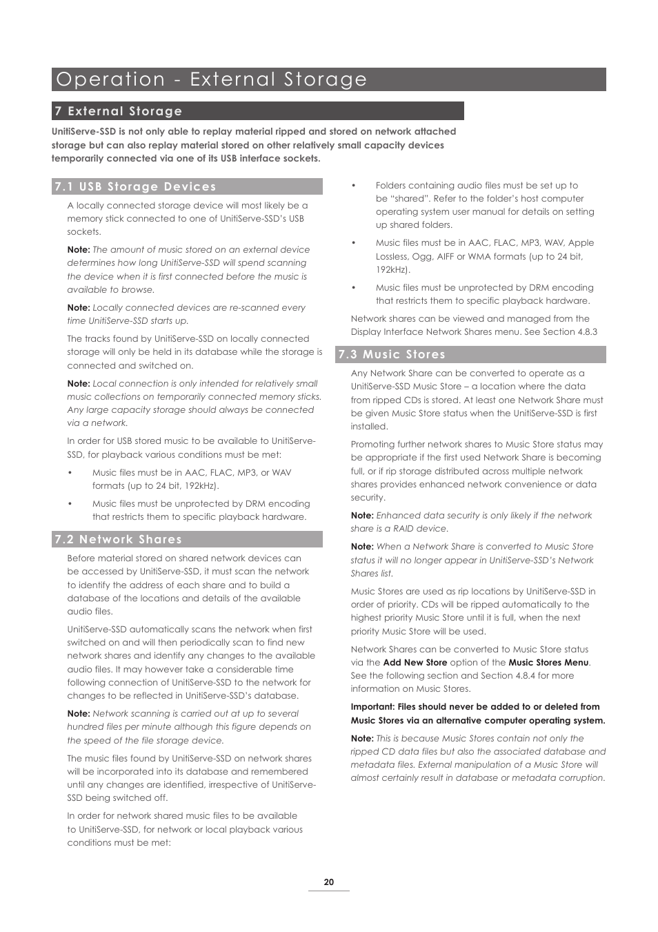 7 external storage, 1 usb storage devices, 2 network shares | 3 music stores, Operation - exter nal storage | Naim Audio UnitiServe User Manual | Page 22 / 29