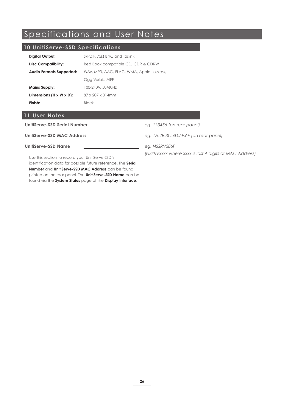 10 unitiserve-ssd specifications, 11 user notes | Naim Audio UnitiServe User Manual | Page 28 / 29