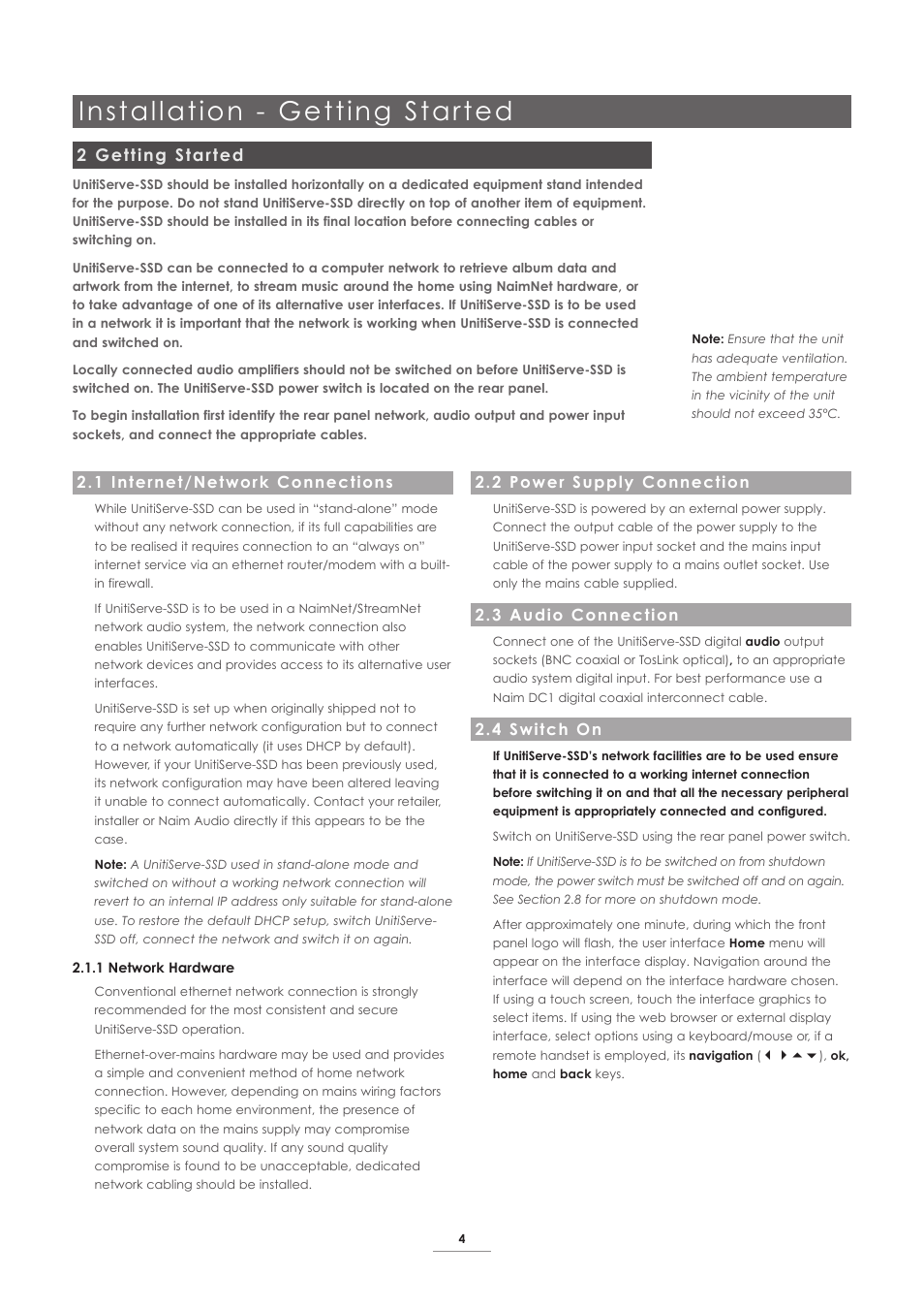 2 getting started, 1 internet/network connections, 2 power supply connection | 3 audio connection, 4 switch on, Installation - getting started | Naim Audio UnitiServe User Manual | Page 6 / 29