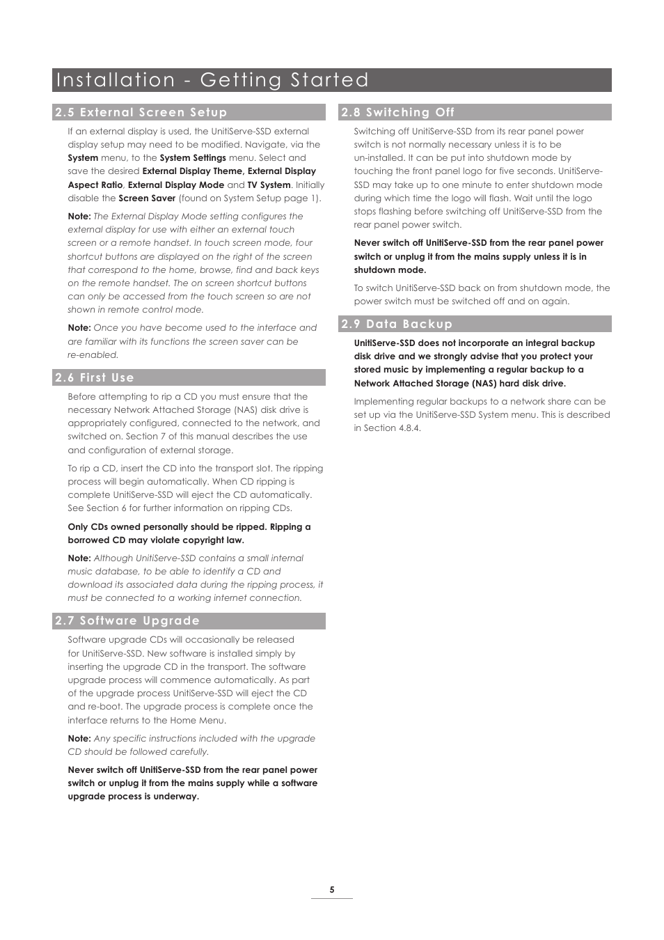 5 external screen setup, 6 first use, 7 software upgrade | 8 switching off, 9 data backup, Installation - getting started | Naim Audio UnitiServe User Manual | Page 7 / 29
