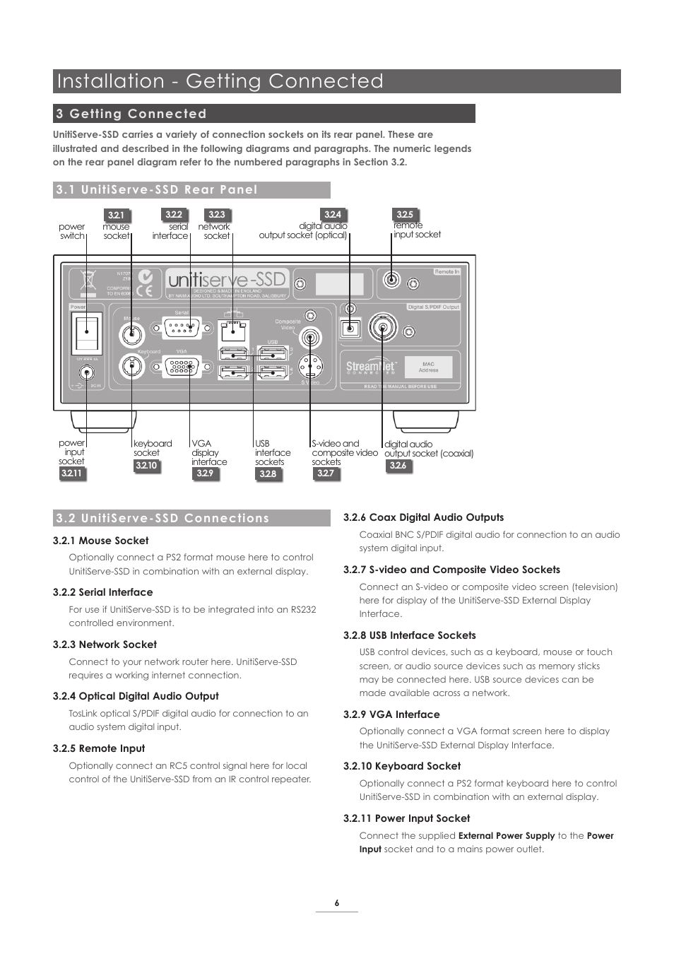 3 getting connected, 1 unitiserve-ssd rear panel, 2 unitiserve-ssd connections | Installation - getting connected | Naim Audio UnitiServe User Manual | Page 8 / 29