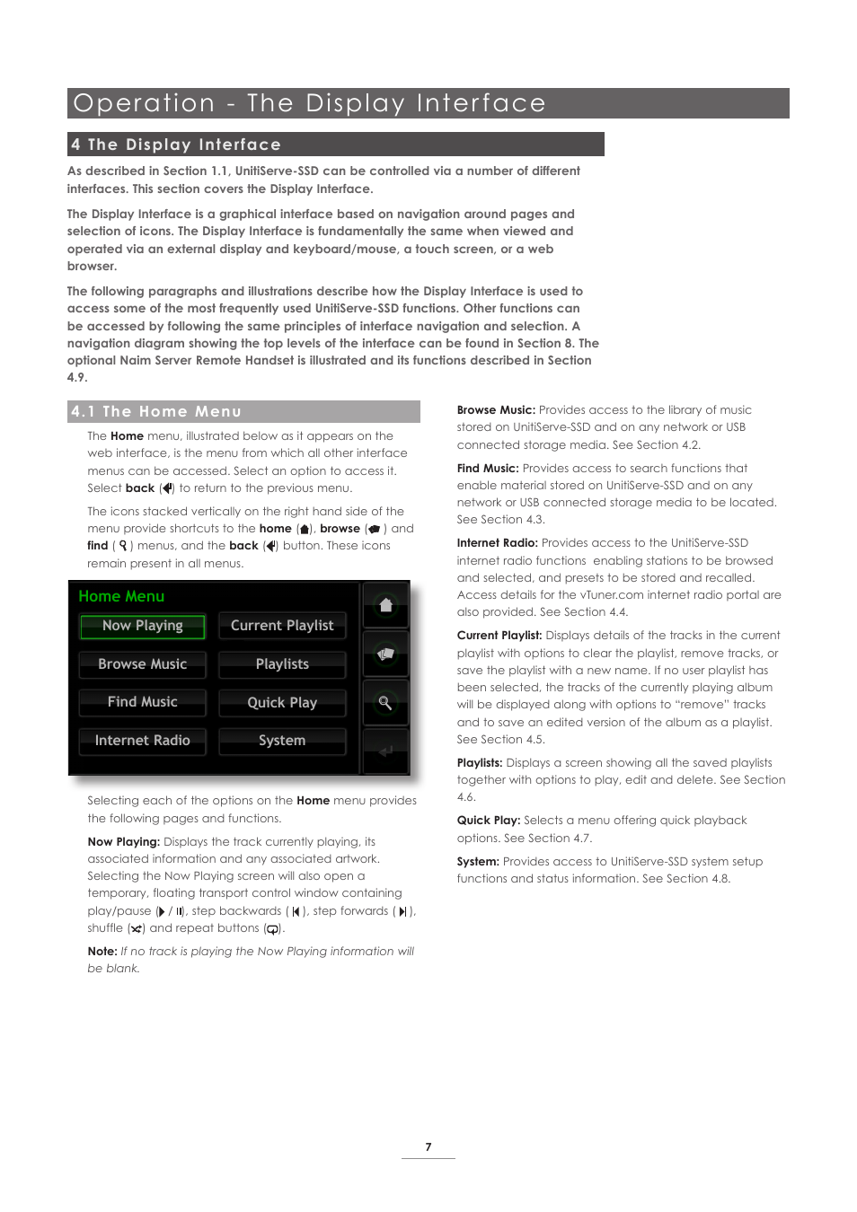 4 the display interface, 1 the home menu, Operation - the display inter face | Home menu | Naim Audio UnitiServe User Manual | Page 9 / 29