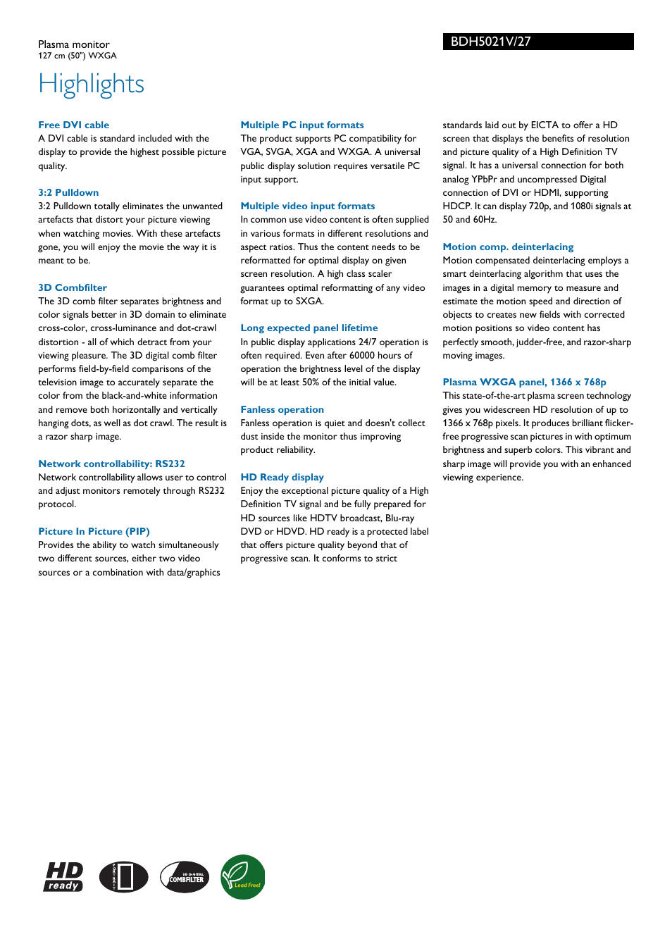 Highlights | Philips BDH5021V User Manual | Page 2 / 3