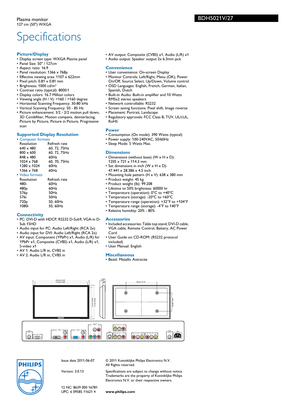 Specifications | Philips BDH5021V User Manual | Page 3 / 3