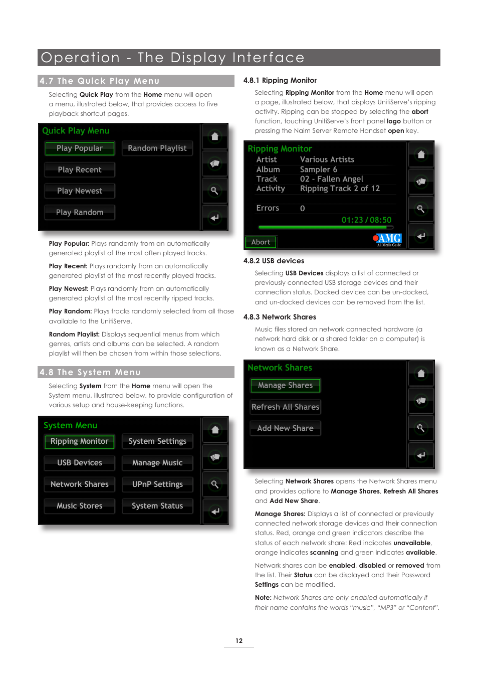 7 the quick play menu, 8 the system menu, Operation - the display inter face | System menu | Naim Audio UnitiServe User Manual | Page 14 / 31