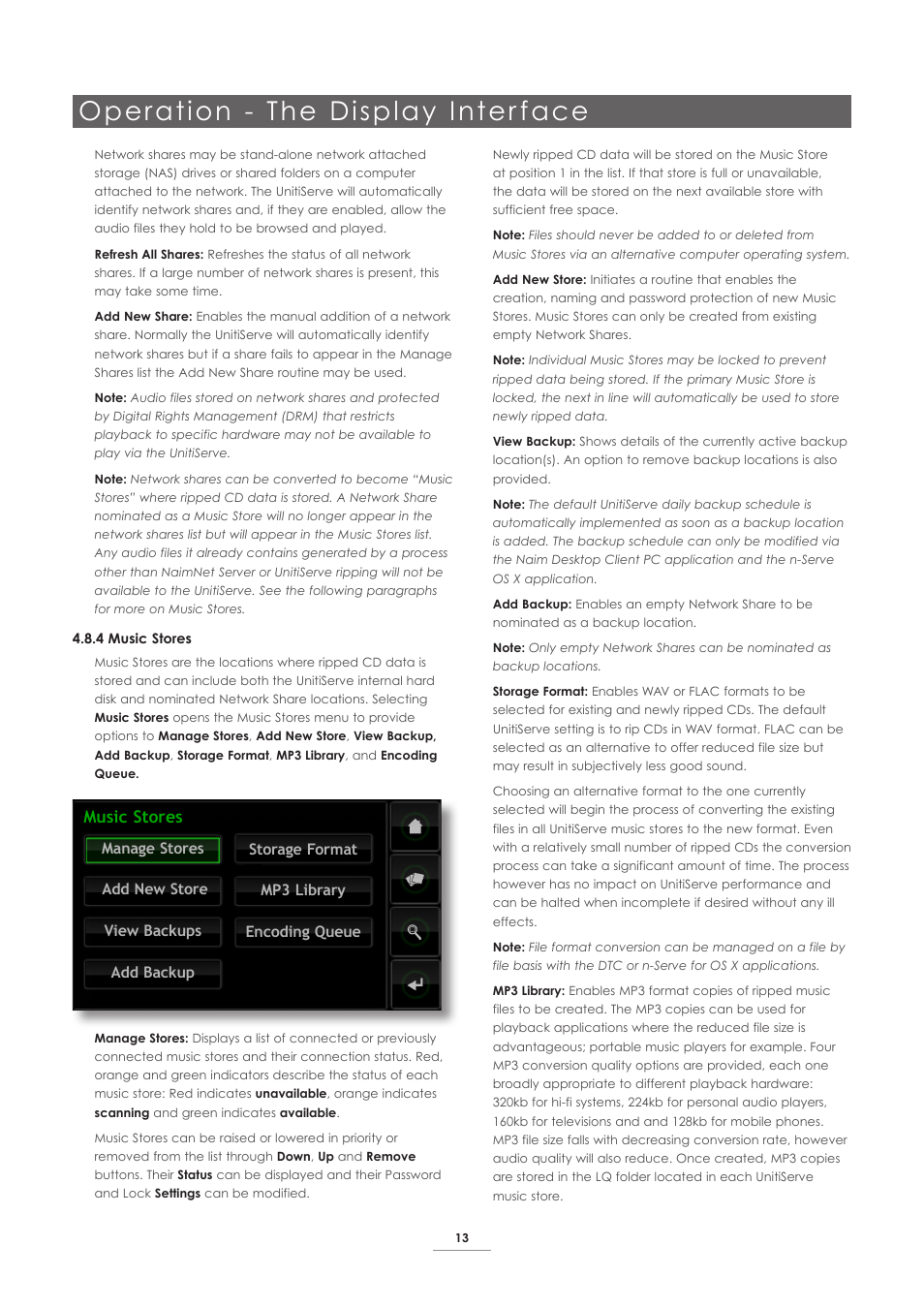 Operation - the display inter face, Music stores | Naim Audio UnitiServe User Manual | Page 15 / 31